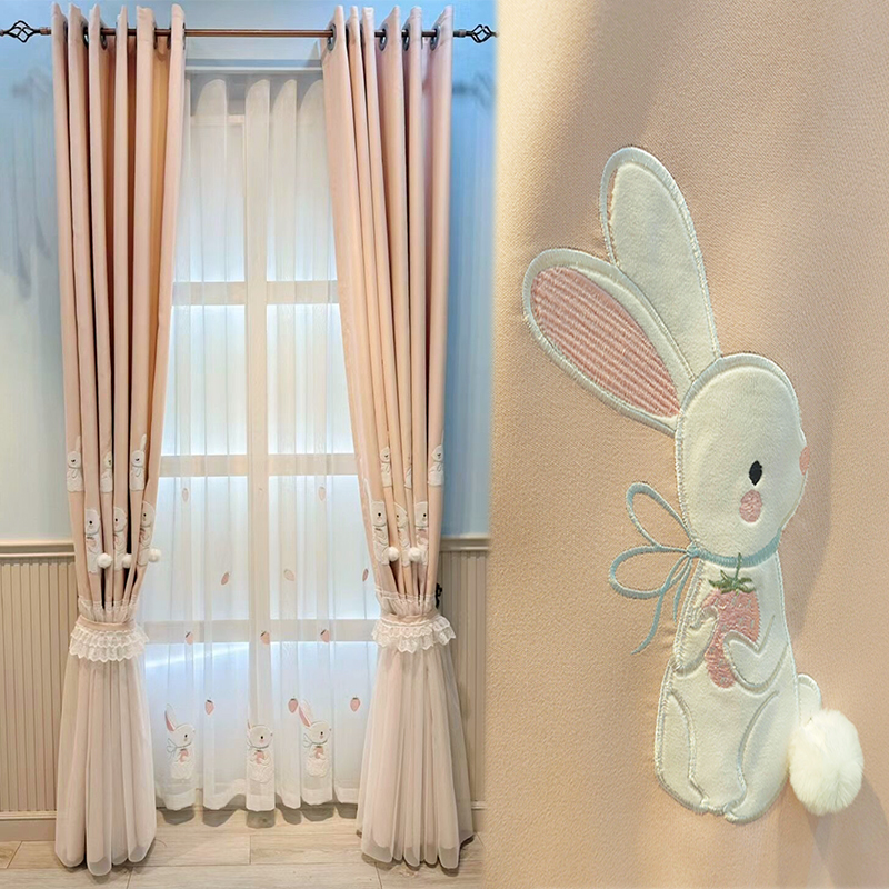 新款儿童房窗帘女孩卡通兔子可y爱公主风加厚环保飘窗卧室纱帘定