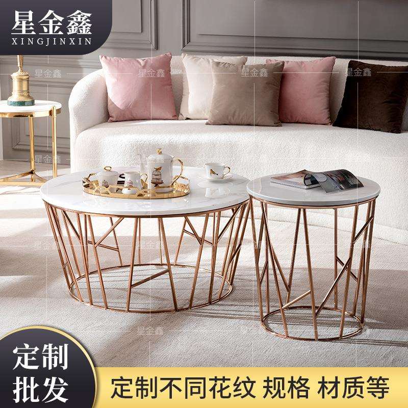 现代大理石茶几客厅电视柜岩板组合家用小户型圆形茶桌钛金封釉