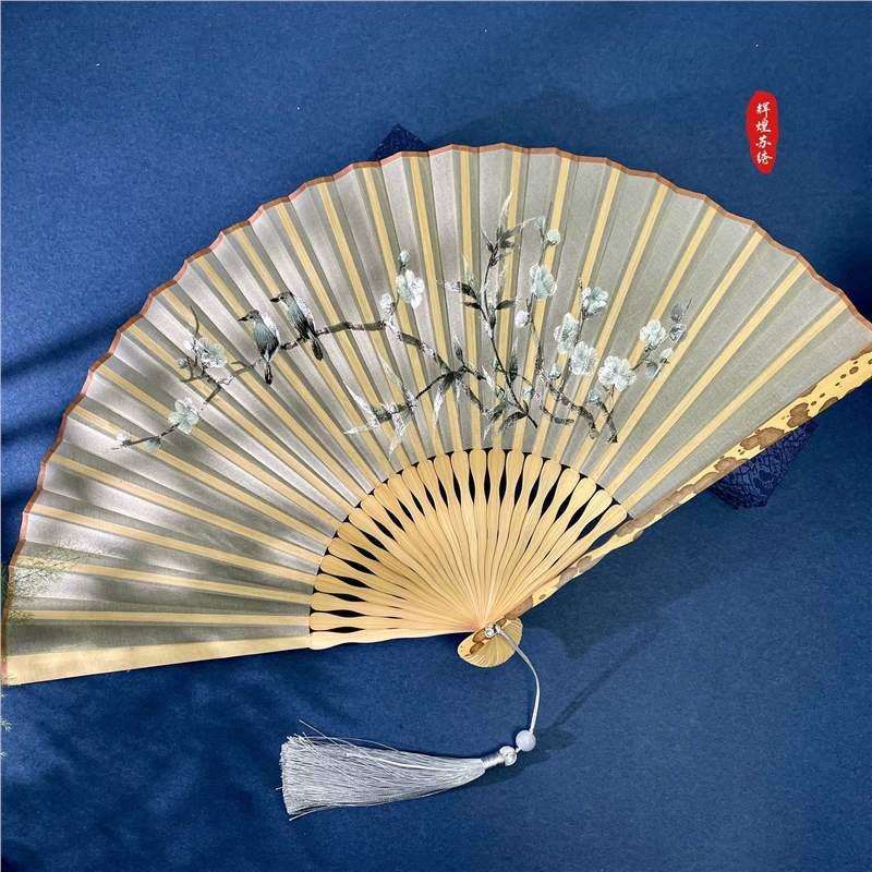 刺绣古风折扇汉服女折叠随身便携真丝绣花扇子复古千里江山湘妃竹
