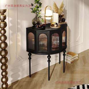 法式 玄关柜客厅沙发边柜黑色半圆形玄关桌置物架走廊尽头转角斗柜