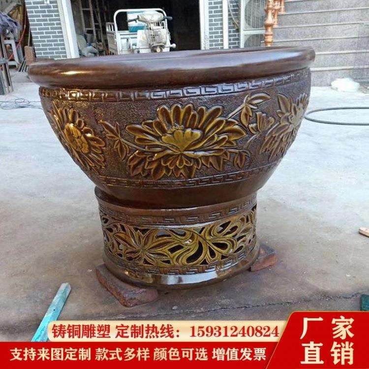 精雕花纹大铜缸户外盛水缸摆件种花养鱼铸铜大缸仿古风水铜工艺品
