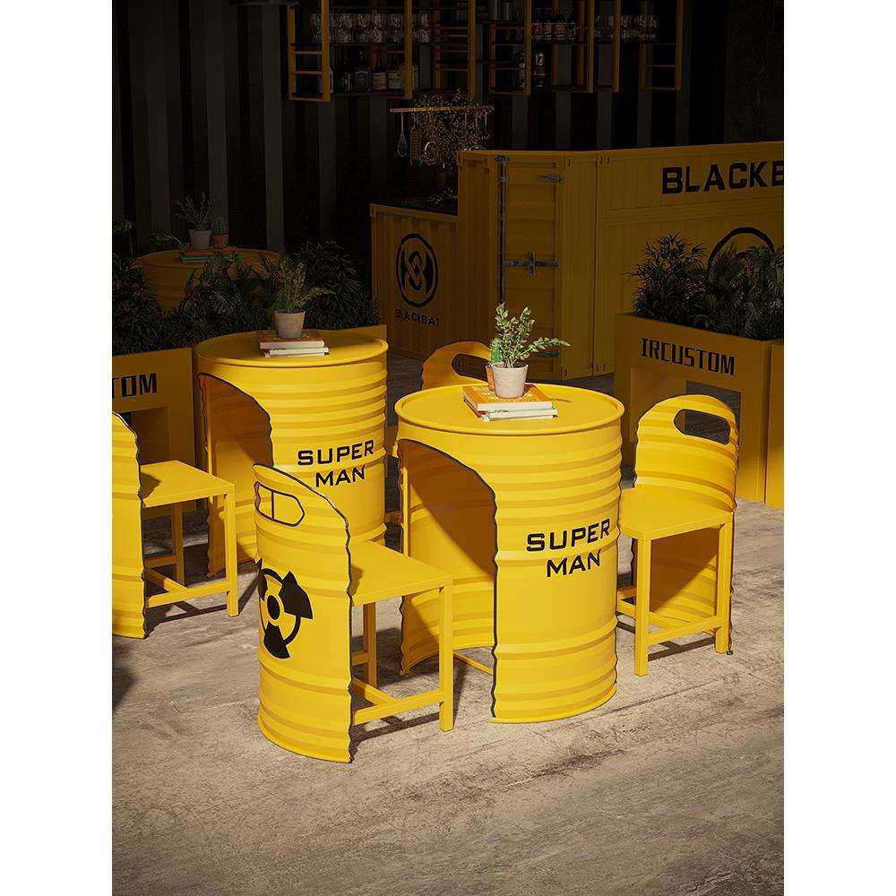 户外桌椅组合工业风烧烤咖啡店铁艺创意卡座室外外摆网红油桶桌椅