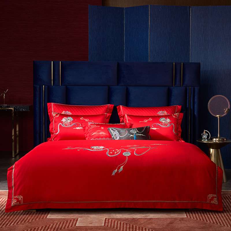 婚庆喜事丨S100贡缎长绒棉刺绣四件套大红色结婚幸福婚嫁床品套件