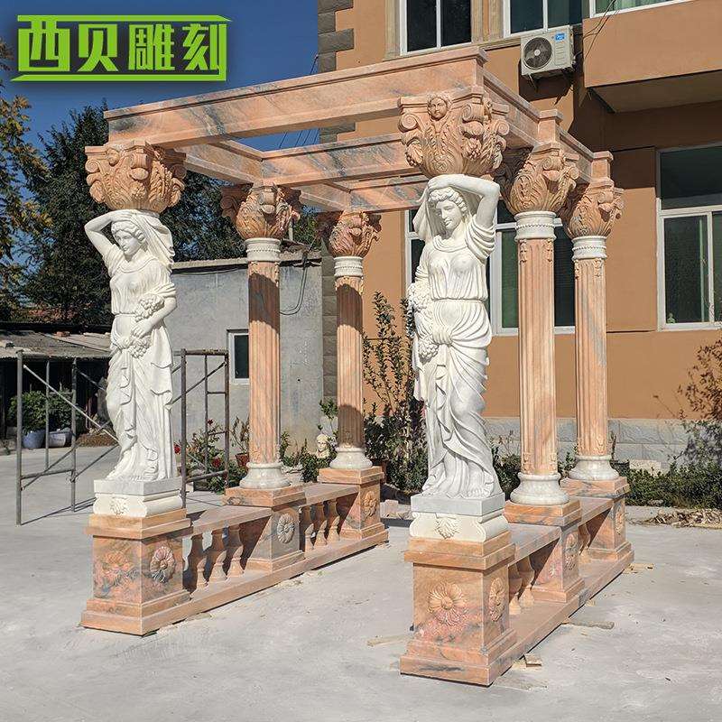 工厂 晚霞红大理石雕刻凉亭 欧式罗马柱子景观凉亭现货亭子