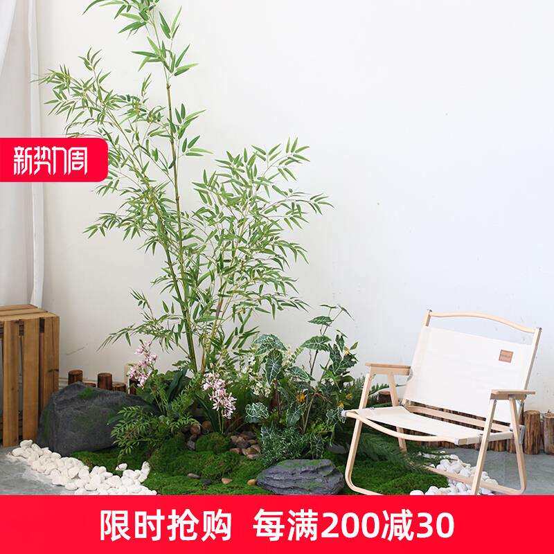 中式仿真竹子造景室内绿植物园景酒店办公室花槽青苔厥叶石头景观