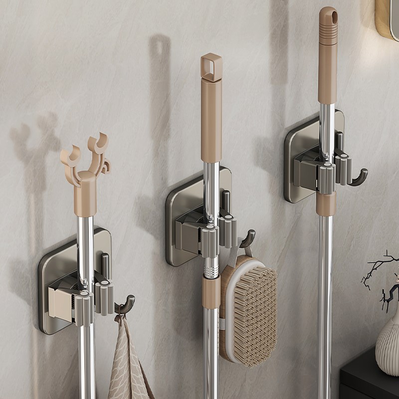 德国品质枪灰色拖k把壁挂夹挂钩卫生间免打孔不锈钢扫把固定挂架