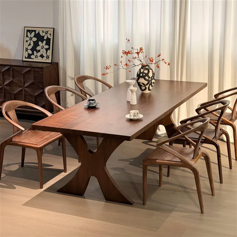 胡桃木餐桌中h古风侘寂风现代简约长方形饭桌餐桌一体两用大板桌