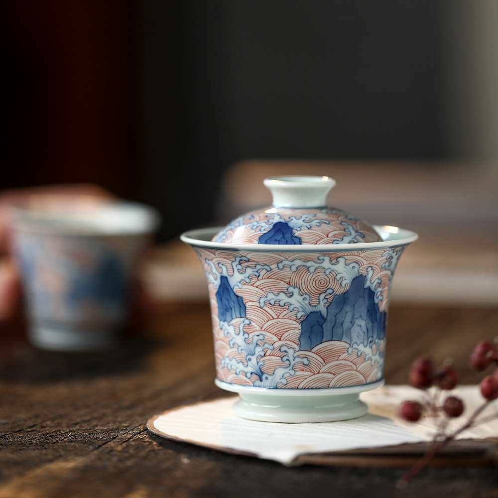 纯正柴窑青花瓷口盖碗全手工手绘泡茶碗神宗珍藏茶杯海水山石雅器