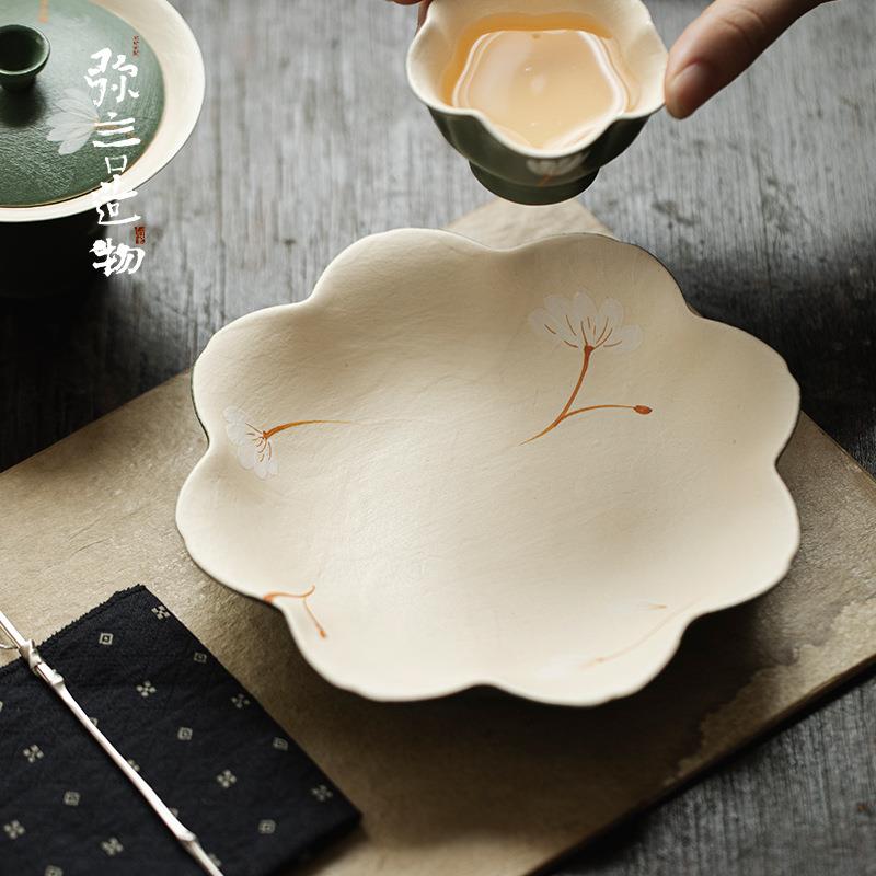 弥言纯手工陶瓷花口壶承釉下彩手绘格桑花壶承家用茶台干泡盘茶盘