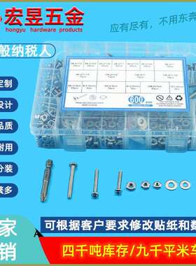 600pcs美制6#8#10#十字盘头螺钉配螺母平垫批头套装