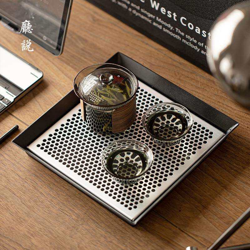 厅说 蜂巢铁茶盘金属茶台现代简约托盘茶道茶具沥水盘易清洁耐用