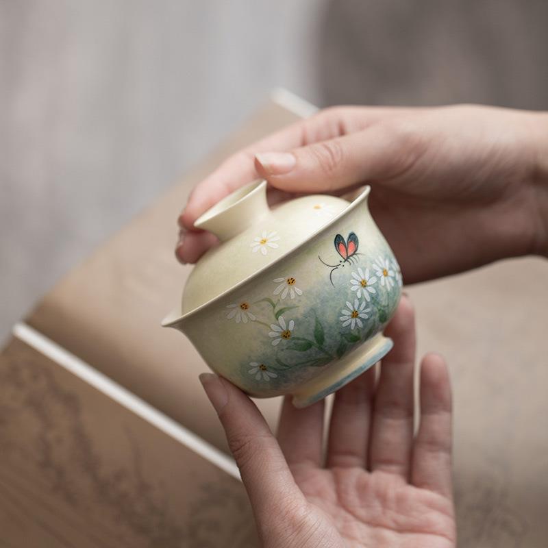 手绘田园二才盖碗茶杯家用茶蛊手工高档陶瓷中式茶具女士泡茶碗