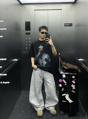 美式复古做旧水洗印花短袖T恤男夏季新款宽松休闲百搭情侣上衣潮