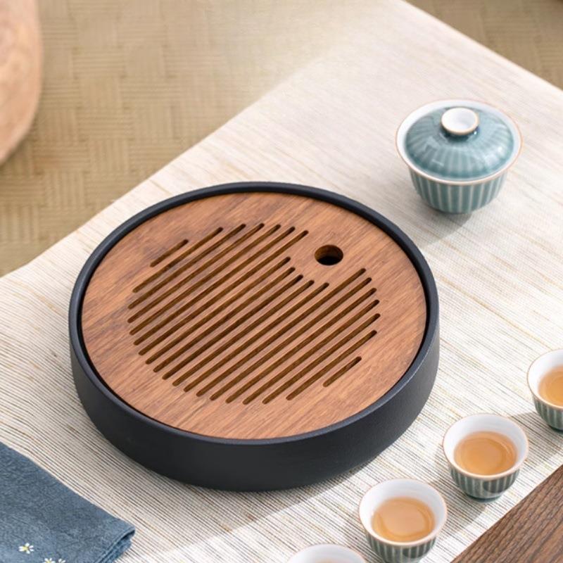 茶盘简约圆形干泡台日式陶瓷小型茶台家用储水式托盘沥水茶海托盘