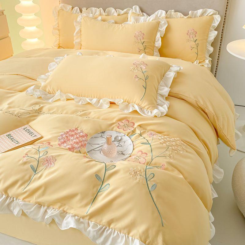 韩版刺绣水洗棉四件套床单款被套床笠四季通用磨毛三件套床上用品