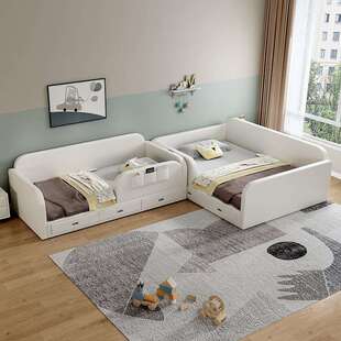 围栏亲子床简约婴儿皮床实木抽屉储新品儿童床男孩护栏床女孩