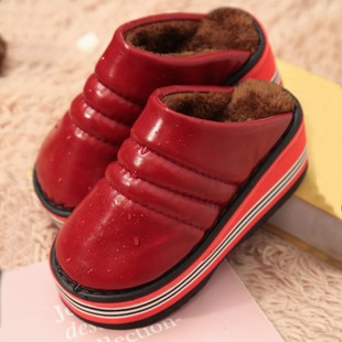 皮面保暖防滑增高加绒超厚底高跟手工防水拖鞋 居家鞋 女冬季 棉拖鞋