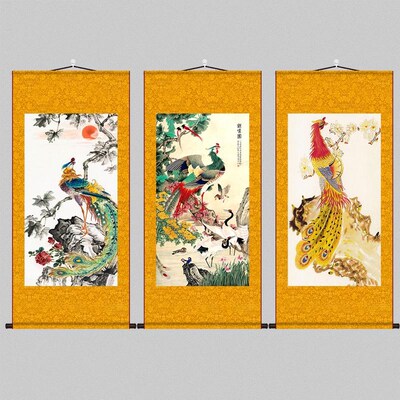 丹凤朝阳凤鸣图凤凰百鸟朝凤国画客厅卧室装O饰卷轴背景墙丝绸挂