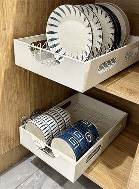 橱柜抽拉式碗碟沥水架碗筷餐具滑轨式置K物架厨房抽屉式收纳拉篮