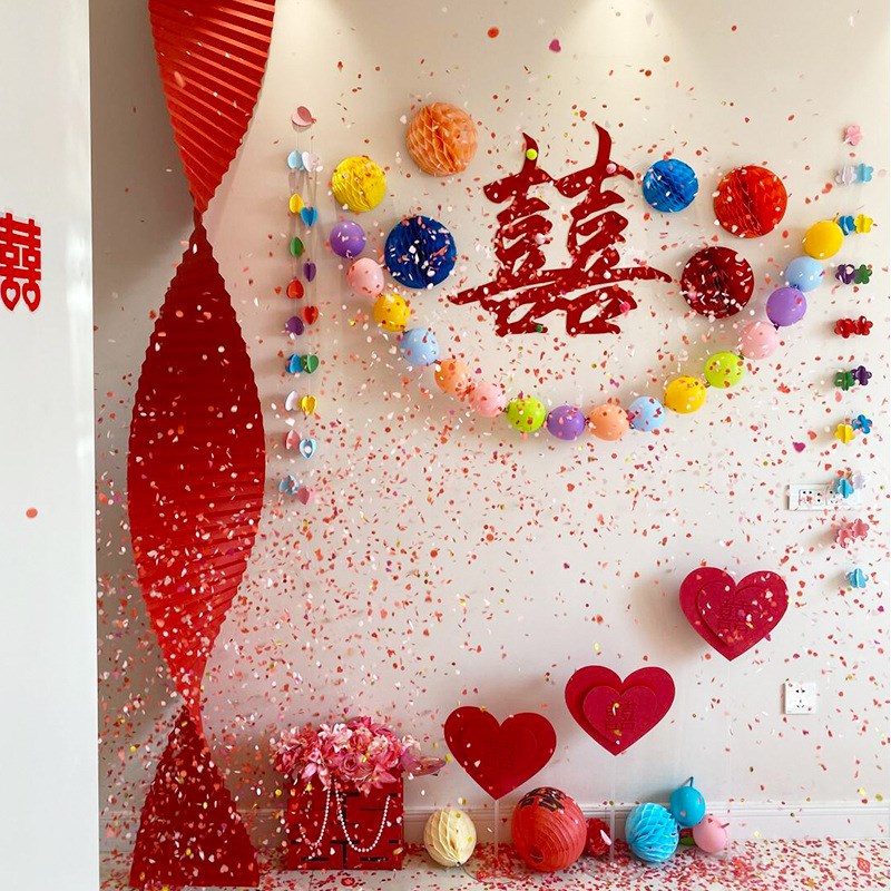 多巴胺喜字背景装饰结婚新房男女方全套彩色氛围感晨袍.拍摄背景