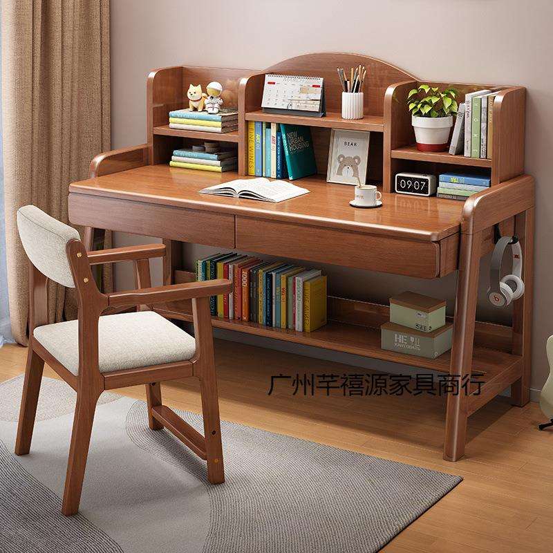 实木书桌手动升降桌中学生书桌卧室家用简约书桌书架一体写字桌椅