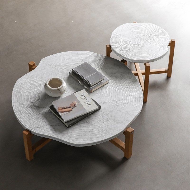 北欧大理石圆形茶几实木r组合小户型现代简约年轮小茶几桌客厅家