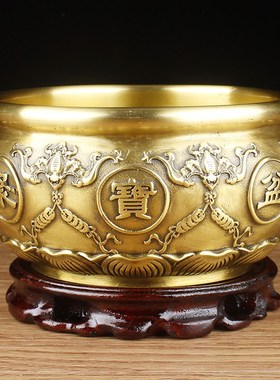 纯黄铜聚宝盆摆件实心加厚黄铜聚宝盆家居客厅P装饰品铜盆开业礼