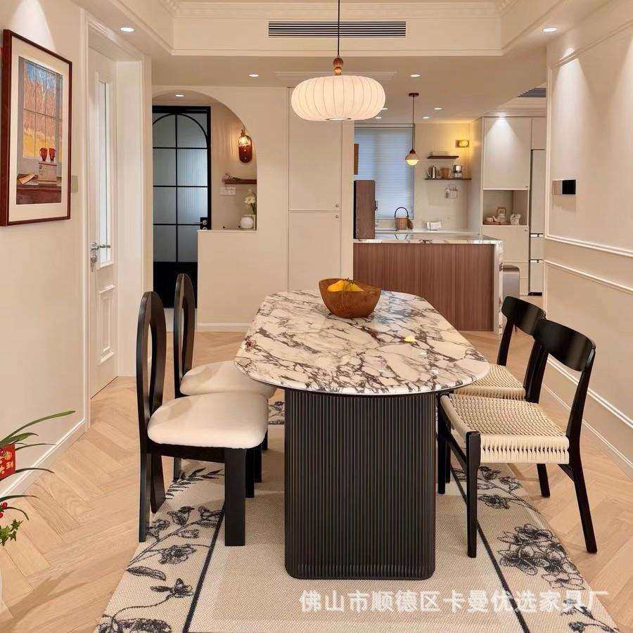 琉光餐桌宝格莉大理石餐桌椭圆形法式奶油风轻奢复古实木桌椅