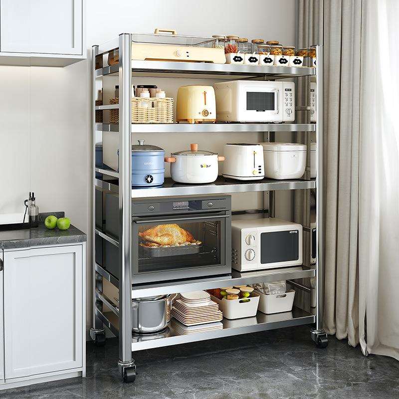 加厚不锈钢厨房置物架落地多功能收纳架家用微波炉多层锅具储物架
