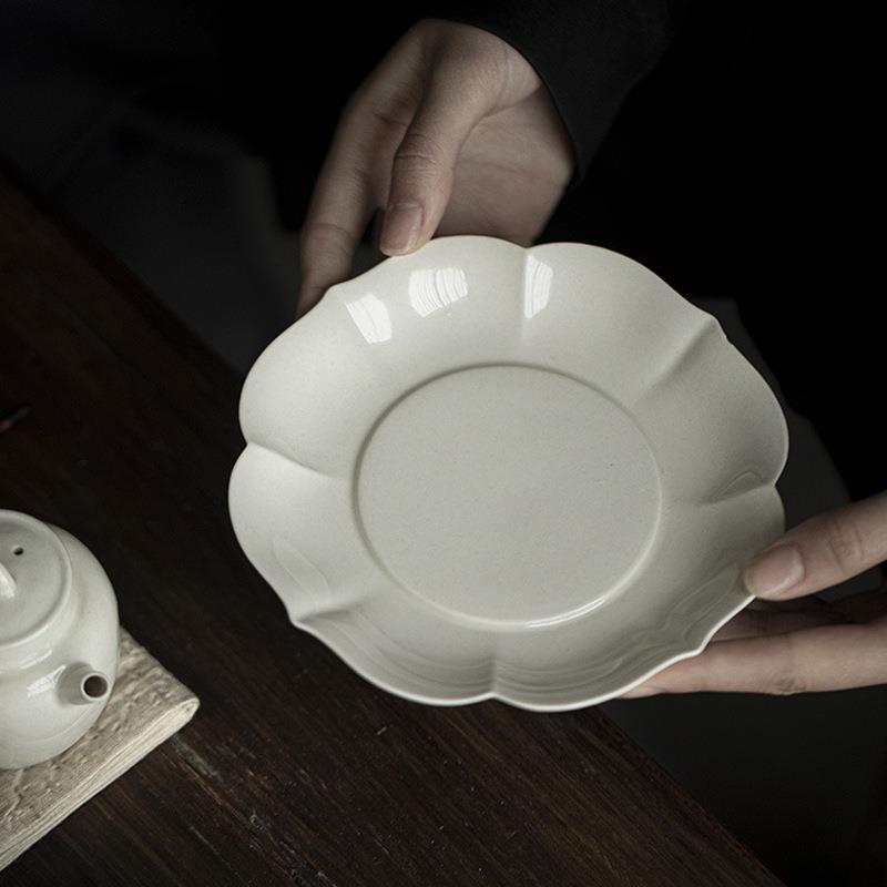 日式草木灰古泥花边壶承茶道配件陶瓷干泡茶盘茶点盘多用家用复古