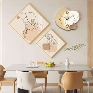 奶油风餐厅装饰画抽象清新时尚钟表组合壁画现代简约三联挂画