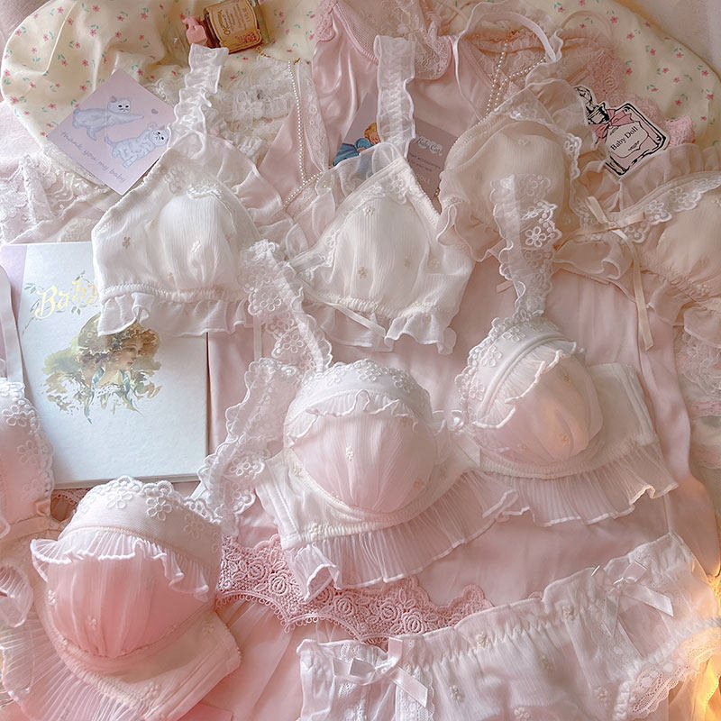 日系仙女小清新公主刺绣s花朵雪纺无钢圈兔儿杯薄内衣白色文胸套