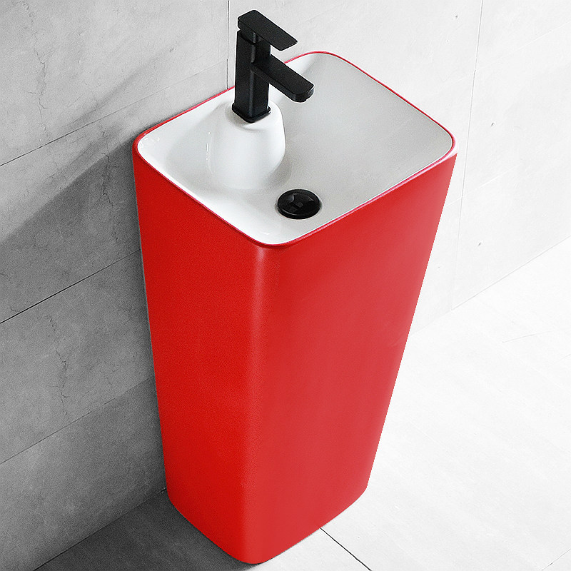 个性红色立柱盆陶瓷卫生间立式洗脸盘一体落地式洗手盆阳台水池