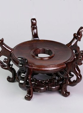 鱼缸架实木底座摆件球形木头瓷瓶酒缸木质圆形盆S景红木质文玩木