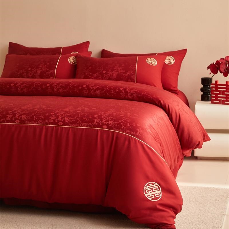 提花100支结婚床上四件套大红色I被套新婚庆喜被婚嫁床单