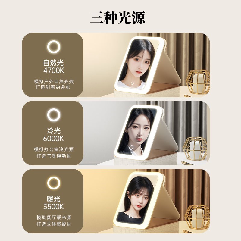 差旅包包镜桌面台式化妆镜便携式带灯女随身携带可折叠led收纳盒