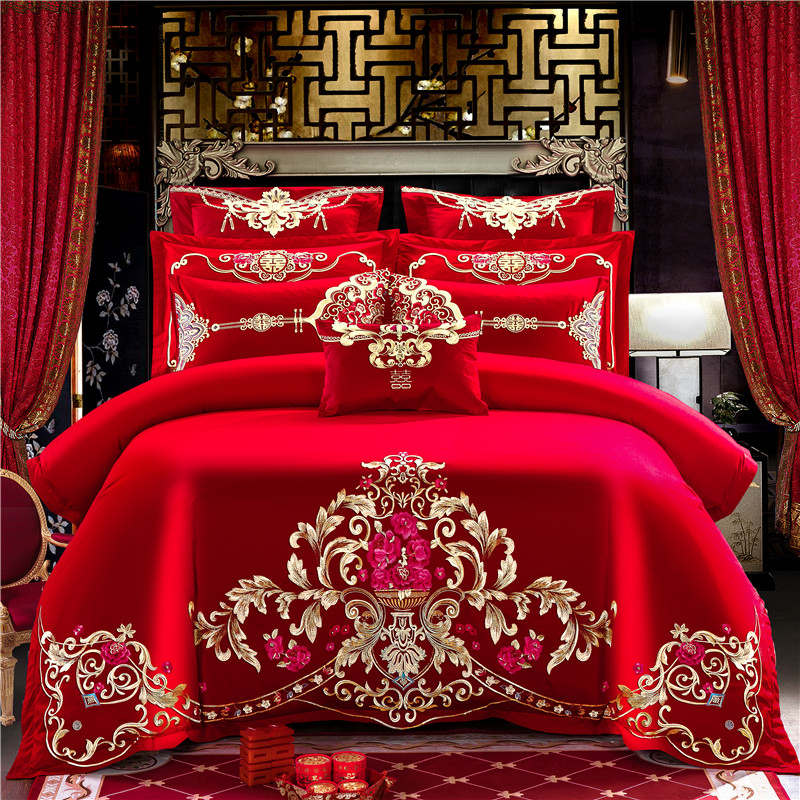 婚庆四件套大红色全棉刺绣结婚床上用品喜被套床单六件套纯棉床品
