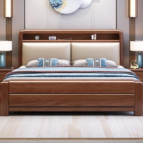 新中式胡桃木全实木床1.8米大床双人床现代简约储物主卧婚房卧室