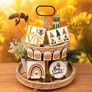 蜜蜂捂脸人蜂蜜款分层托盘装饰品 家居桌面木制工艺品摆件