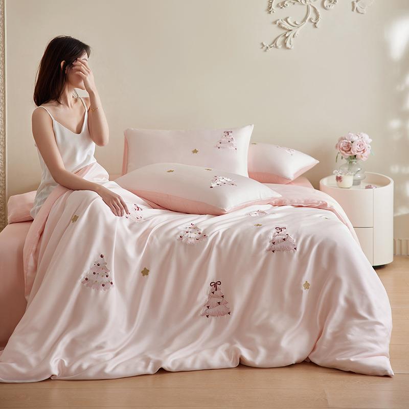 2025新款奥地利兰精天丝绣花四件套A类母婴可用凉感夏季丝滑被单