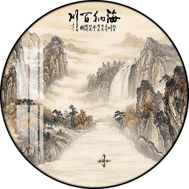 新中式入户玄关装饰画走廊尽头壁画圆形茶室书房山水风景客厅挂画