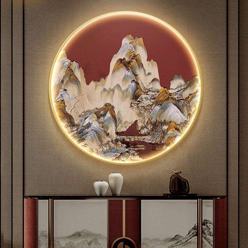 新中式玄关装饰画圆形挂画山水画入户门led灯画客厅茶室红色壁画