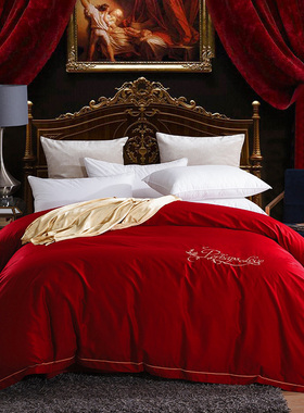 精品60支长绒棉被套单件200230结婚庆大红色全棉被罩三件套