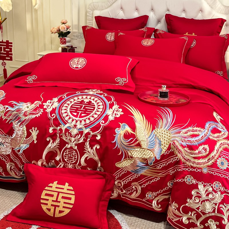 高档龙凤呈祥结婚四件套红色新婚庆纯棉床单刺绣被套喜被床上用品