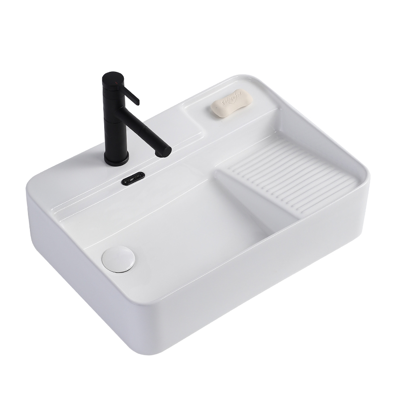 带搓衣板台上盆侧边下水陶瓷洗手盆阳台洗衣机左右侧排水洗衣盆