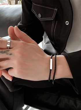 手链男款a高级感黑色编织手绳可穿珠皮质手环定制刻字情侣手链礼