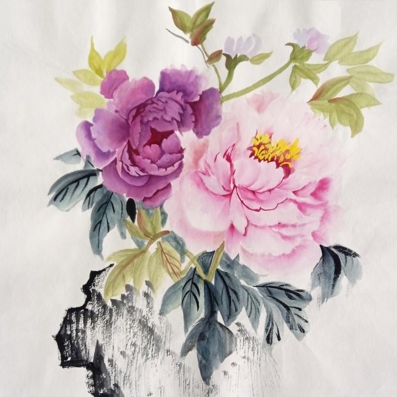 新中式装饰画手工绘画国画家居纯手绘斗方牡丹花开富贵客厅壁挂画图片