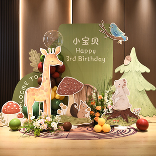 宝宝一周岁生日布置场景装饰网红森系婴儿满月百天气V球背景墙kt