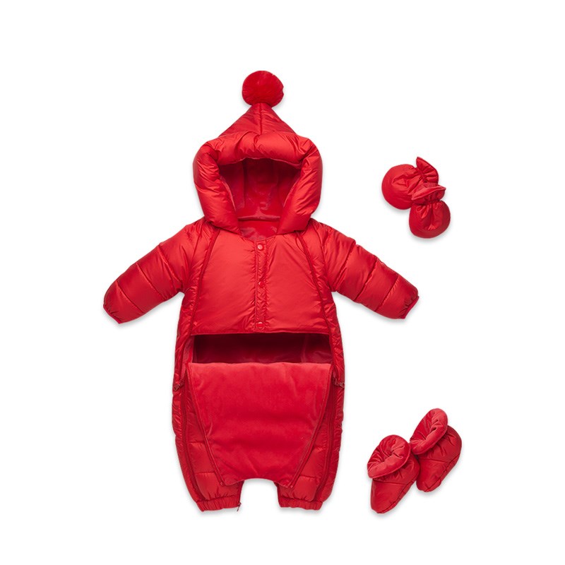 婴儿羽绒服连体衣女宝宝新年红色外出服男宝宝百天满月拜年服冬装