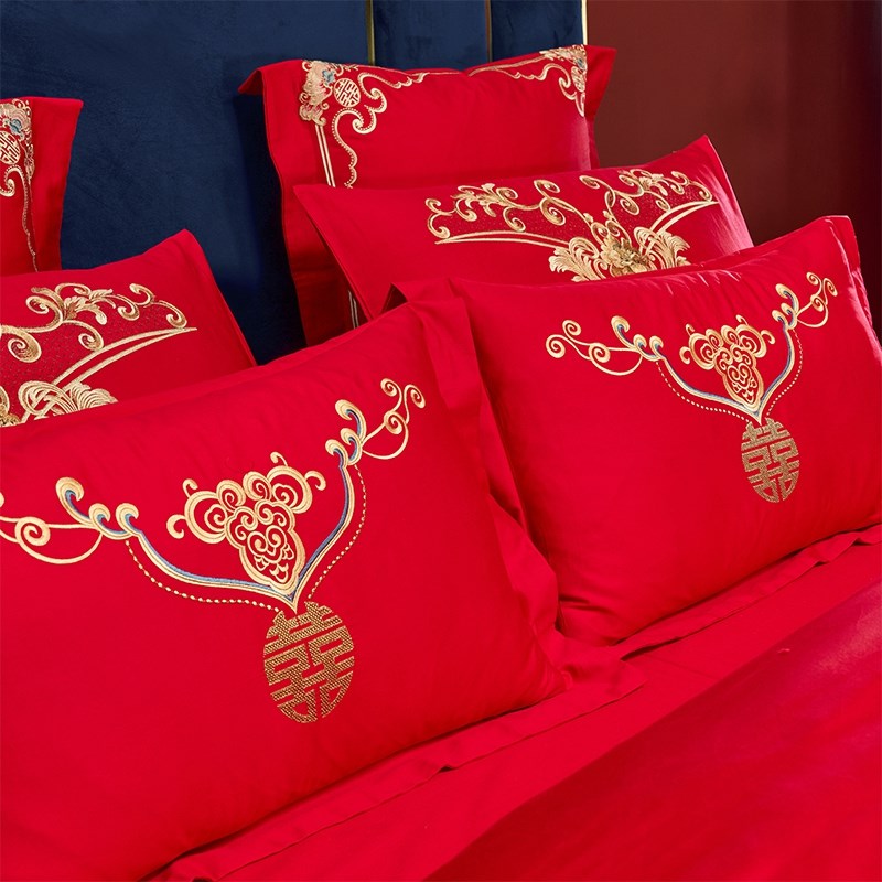 全棉婚庆四件套全棉红色龙凤喜被婚嫁床上用品全棉床单被套